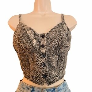 Vintage Women’s Snake Print Cropped Button-Front Crop Top Vest - Black Tan Gray